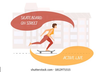 Young woman goes for a drive on a skateboard against the background of city buildings. Handwritten type: skateboard on street, active life. Sports logo. Vector in a flat style.