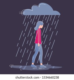 Young woman goes in the rain. Sad female character with depression, stress. Overcast weather. Lonely introvert teen. Concept vector illustration in cartoon flat style.