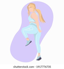 A young woman goes in for sports and performs exercises in a blue sports suit. Plus size blonde doing fitness exercises. Body positivity in sports among women. Vector image of a full athlete