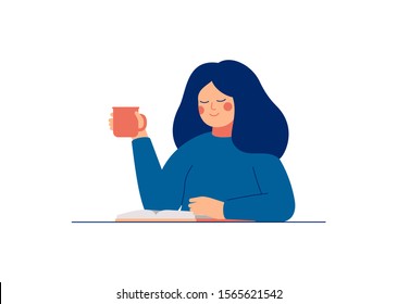 Young woman goes through her datebook in the morning and plans her day. Happy girl drinks coffee and reads book. Vector character 