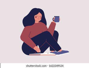 Young woman goes through her datebook in the morning and plans her day. Happy girl is drinking coffee and writing something in notebook. Vector character 