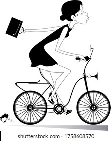Young woman goes to work on the bike illustration. Pretty young businesswoman with a bag goes to work on the bike black on white

