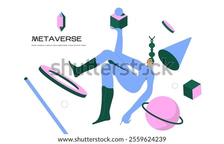 A young woman with goggle floating among geometric shapes. Concept of surealism, gaming, immersive experience, metaverse or virtual reality.
