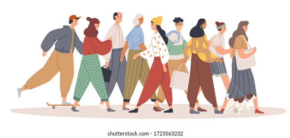 Young Woman Going Against The Flow. Person Opposing The Crowd. Girl Choose Her Own Way. Female Character Moving Against The Stream. Colorful Vector Illustration In Flat Cartoon Style