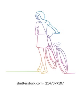 Young woman going near bike. Rainbow gradient. Sketch vector illustration.