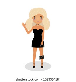 Young Woman Going On A First Date. Elegant Mini Special Occasion Dress. Off The Shoulder Gown. Caucasian Ethnicity. Evening Outfit Blonde Girl Wearing A Little Black Dress Isolated On White Background