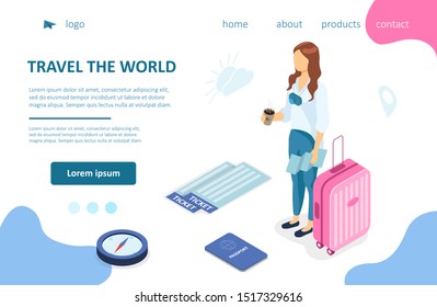Young woman going on a trip. Pink suitcase. air tickets, passport, compass. Business trip concept. Travel the world. Landing page Template. Online tourism. 3d Isometric Vector Illustration Isolated.