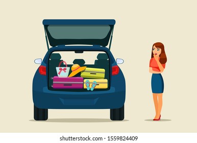 Young woman going on a trip by car and thinking in the open trunk with things. Vector flat style illustration.