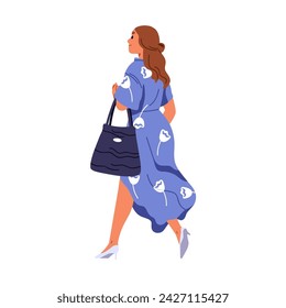 Young woman going outdoors. Modern pretty attractive girl walking on street. Beautiful elegant female character in dress, heels with bag. Flat vector illustration isolated on white background