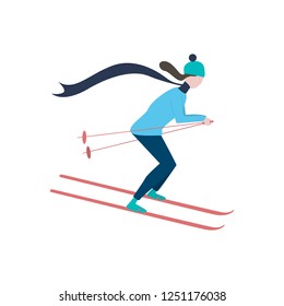 Young woman going skiing flat icon. Winter vacation, ski resort, athlete. Winter activity concept. Vector can be used for topics like sport, recreation, hobby