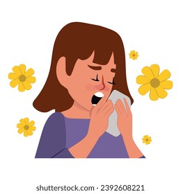 Young woman going to sneeze because of spring allergy making funny face.