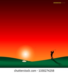 Young woman golfer hitting a golf ball to the green in sunset moment in a nice golf course.