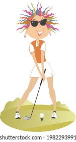 Joven golfista en la ilustración del campo de golf. Mujer golfista de dibujos animados con gafas de sol que aspira a hacer una buena patada desde el estrado aislado en blanco