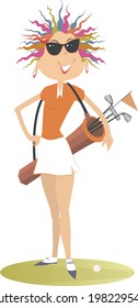 Young woman a golfer on the golf course illustration. Cartoon golfer woman in sunglasses with a golf bag on the shoulder isolated on white