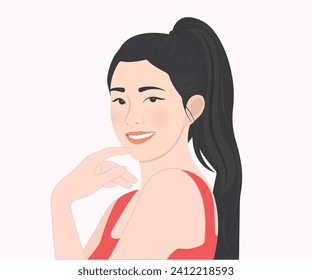 Young woman in a good mood, happy with good health and clear skin. Vector illustration.
