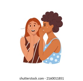 Mujer joven chismeando, difamando, susurrando secretos. Sorprendida persona escuchando secreto y rumores de una amiga. Ilustración vectorial de dibujos animados planos