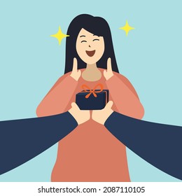 Young woman got a gift. Flat style vector illustration of people doing activity 