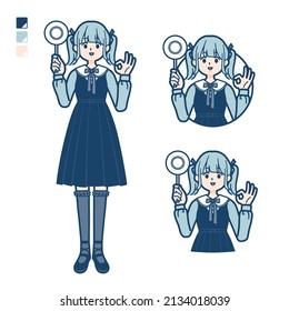 A young woman in gothic lolita costume with Put out a circle panel images.It's vector art so it's easy to edit.
