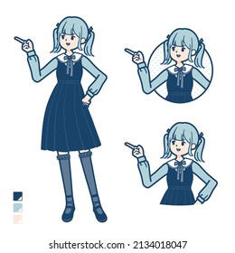 A young woman in gothic lolita costume with Explanation Pointing images.It's vector art so it's easy to edit.