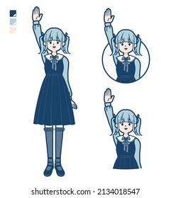 A young woman in gothic lolita costume with raise hand images.It's vector art so it's easy to edit.