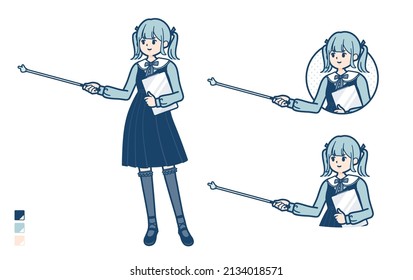 A young woman in gothic lolita costume with Explanation with a pointing stick images.It's vector art so it's easy to edit.