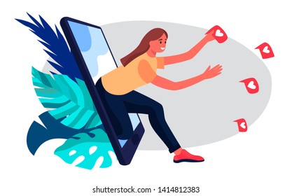 Young woman grabbing like notifications. Girl addicted to social media and online feedback. Addiction to internet approval and validation. Vector illustration in flat cartoon style.