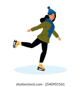 A young woman gracefully ice skating on a frozen pond during winter in a cozy outfit