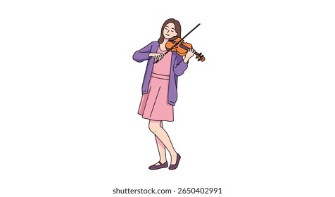 Young woman gracefully plays the beautiful violin with a smile on her face