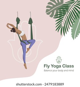 Young woman gracefully practicing fly yoga in faceless style, vector illustration. Balance your body and mind in yoga studio