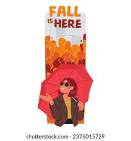 Young Woman Gracefully Stands In Autumn Rain, Her Umbrella A Burst Of Color Amid Gray Skies. Leaves Fall, Creating Picturesque Scene Of Seasonal Serenity. Character Cartoon People Vector Banner
