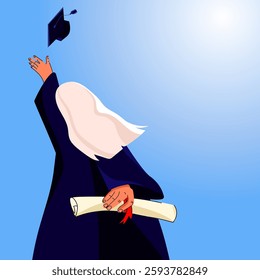 Young woman graduate in a graduation gown holding a diploma and tossing her cap into the air against a bright sky vector illustration.Education and Graduation, graduation events, career milestones
