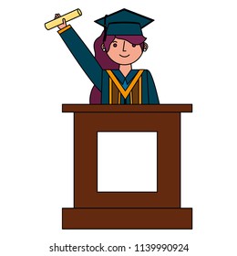 young woman graduated with diploma in podium