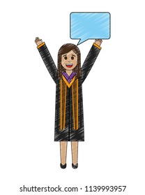 young woman graduated with hands up and speech bubble