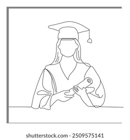 Young woman graduating from high school or university. Young woman Jane — student in graduation cap and robe standing, holding diploma or certificate. Academic degree and achievements. Vector people.
