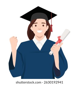 Jovem em traje de formatura orgulhosamente segura seu diploma e ergue um punho em comemoração. Ilustração de vetor plano isolada no plano de fundo branco