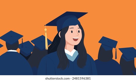 A young woman in graduation cap. Happy students celebrate university graduation. Higher education concept. Cartoon style vector illustration.