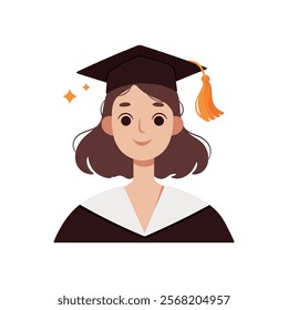 A young woman in graduation cap portrait. Happy female student celebrate university graduation. Higher education concept. Cartoon style vector illustration isolated on white.