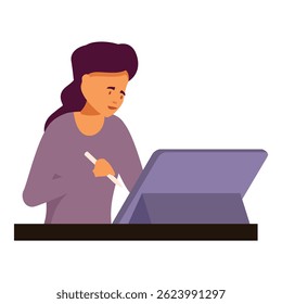 Young woman graphic designer using digital tablet and stylus drawing on screen