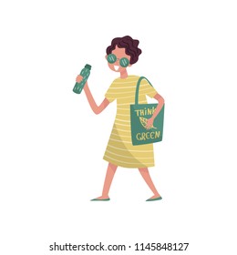 Young woman in green clothes walking with bag with an inscription Think Green, eco friendly people concept, protection and preservation of the environment vector Illustration
