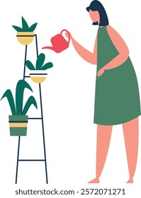 Young woman in a green dress nurturing houseplants on a metal rack, using a pink watering can to care for her indoor garden, creating a vibrant and relaxing home atmosphere