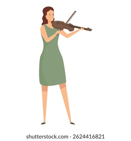 Young woman in a green dress playing the violin with a focused expression