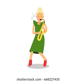 Young woman in green dress playing sax cartoon character, saxophone player vector Illustration