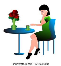 Young woman in green dress sitting at the table in a cafe and talking on the phone
