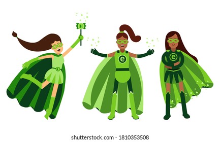 Young Woman in Green Eco Superhero Costumes Standing and Rushing to the Rescue Vector Illustration Set