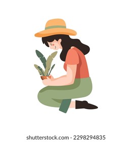 Mujer joven en diseño de jardinería verde sobre blanco