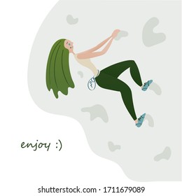 Young woman with green hair in a sports clothes on the climbing wall. Rock climbing girl. Bouldering. Vector illustration.