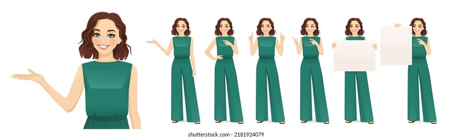 Mujer joven con traje de salto verde con poses diferentes. Diversos gestos - apuntando, mostrando, sosteniendo la ilustración vectorial aislada en blanco vacío