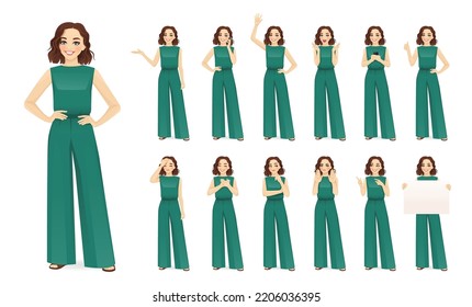 Mujer joven con traje de salto verde puso diferentes gestos ilustraciones vectoriales aisladas