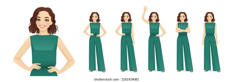 Young woman in green jumpsuit standing in different poses. Isolated vector illustration set