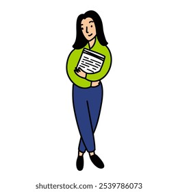 A young woman in a green sweater and blue pants holding a stack of papers, smiling confidently